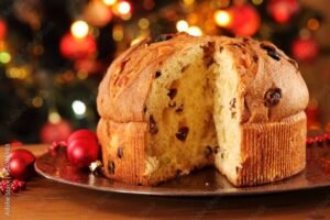 Christmas cake panettone and Christmas decorations.