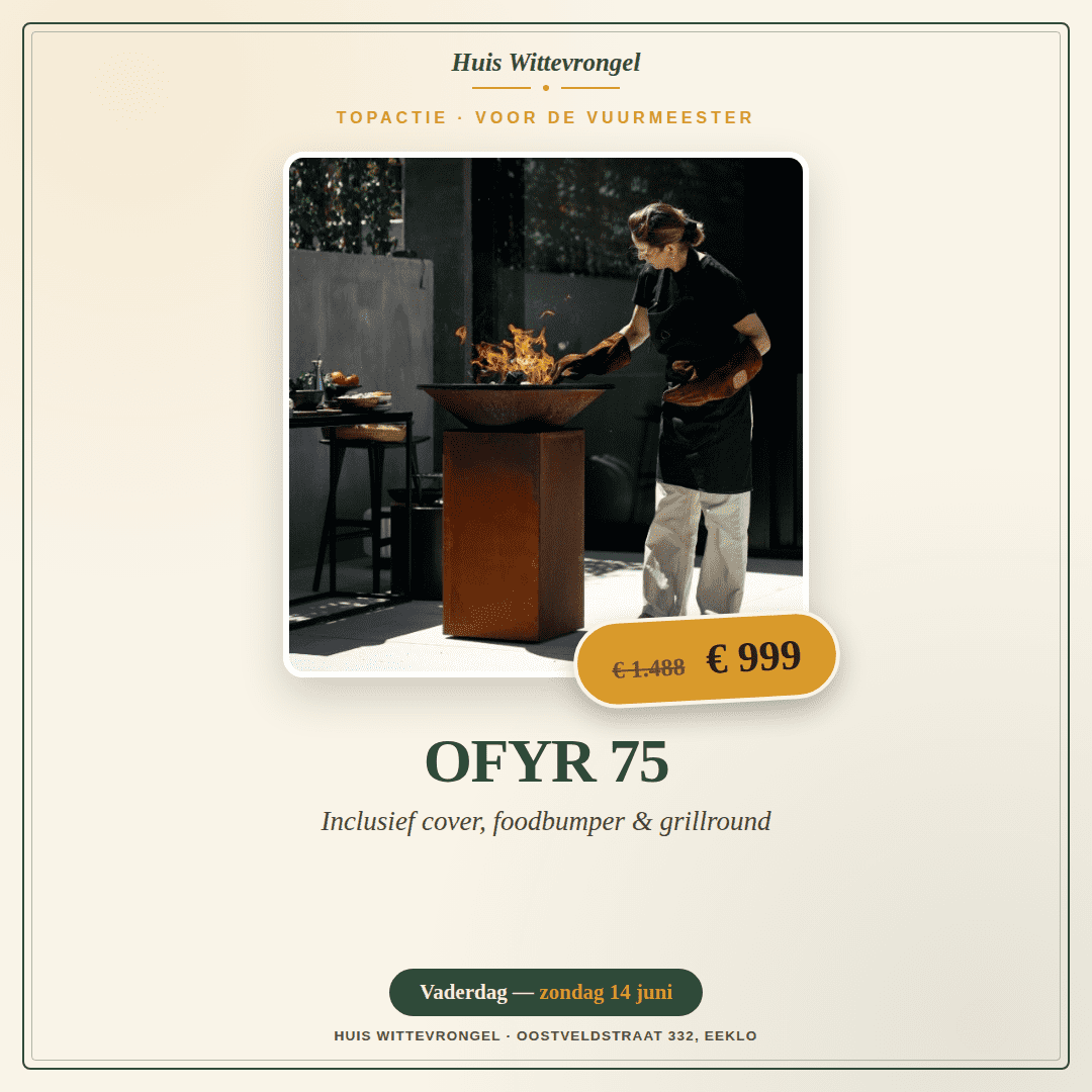 OFYR 75 Corten — actie € 999 incl. cover, foodbumper & grillround | Huis Wittevrongel Eeklo Vrouw kookt op een OFYR 75 cortenstalen vuurschaal met vlammen in een tuin — actie bij Huis Wittevrongel Eeklo