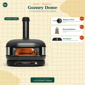 Gozney Dome Black houtgestookte pizzaoven met 3 gratis accessoires: Balance Peel pizzaschep, weerbestendige beschermhoes en ovendeur voor lage temperaturen en roken — tijdelijke actie