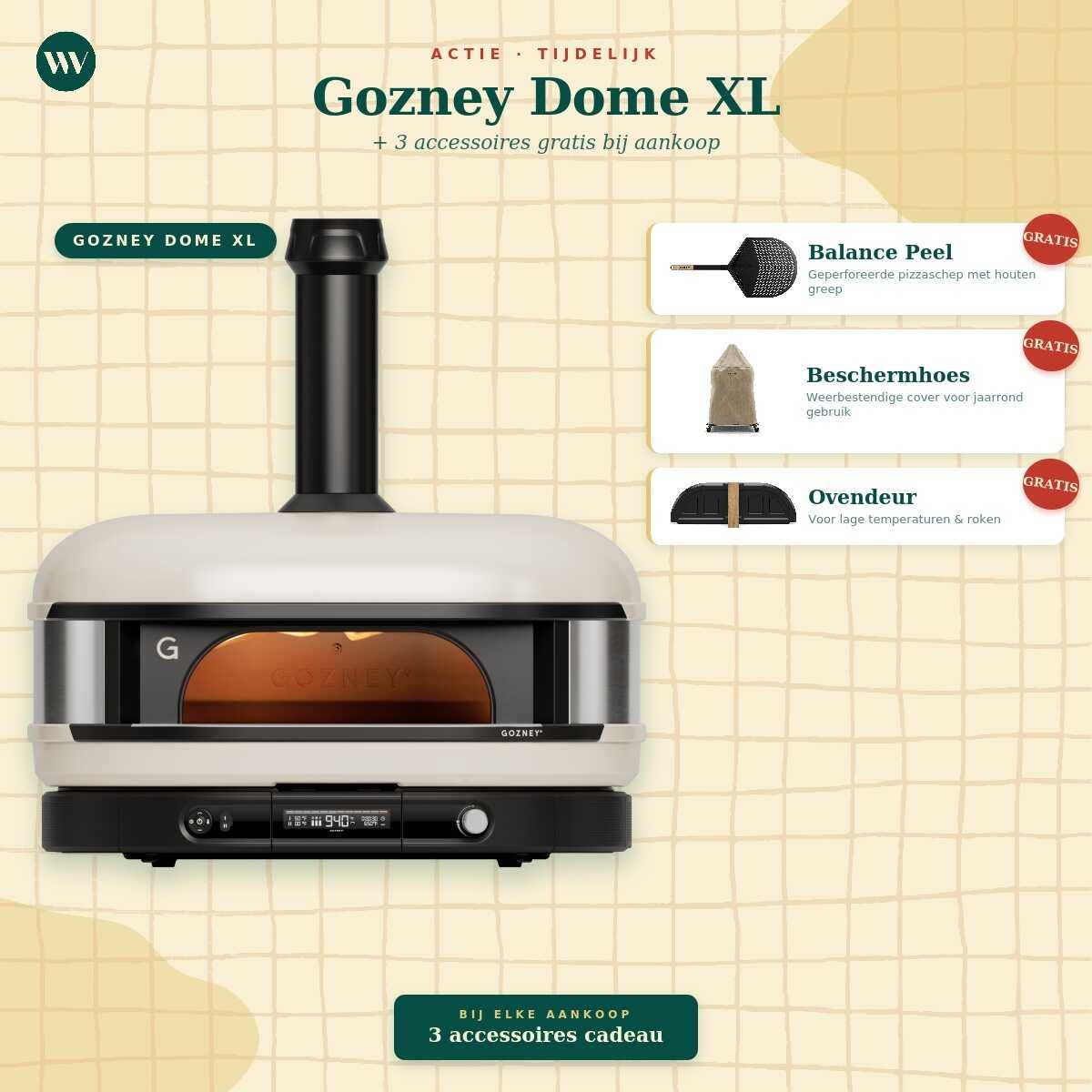Gozney Dome XL met 3 gratis accessoires bij Wittevrongel Gozney Dome XL pizza-oven met gratis Balance Peel pizzaschep, beschermhoes en ovendeur als actiepakket.